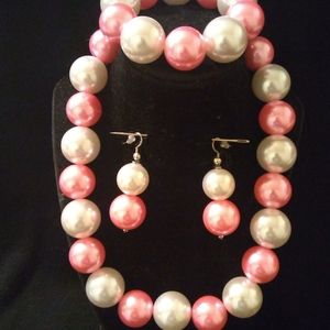 Handmade White And Pink Glass Pearl Jewelry Set